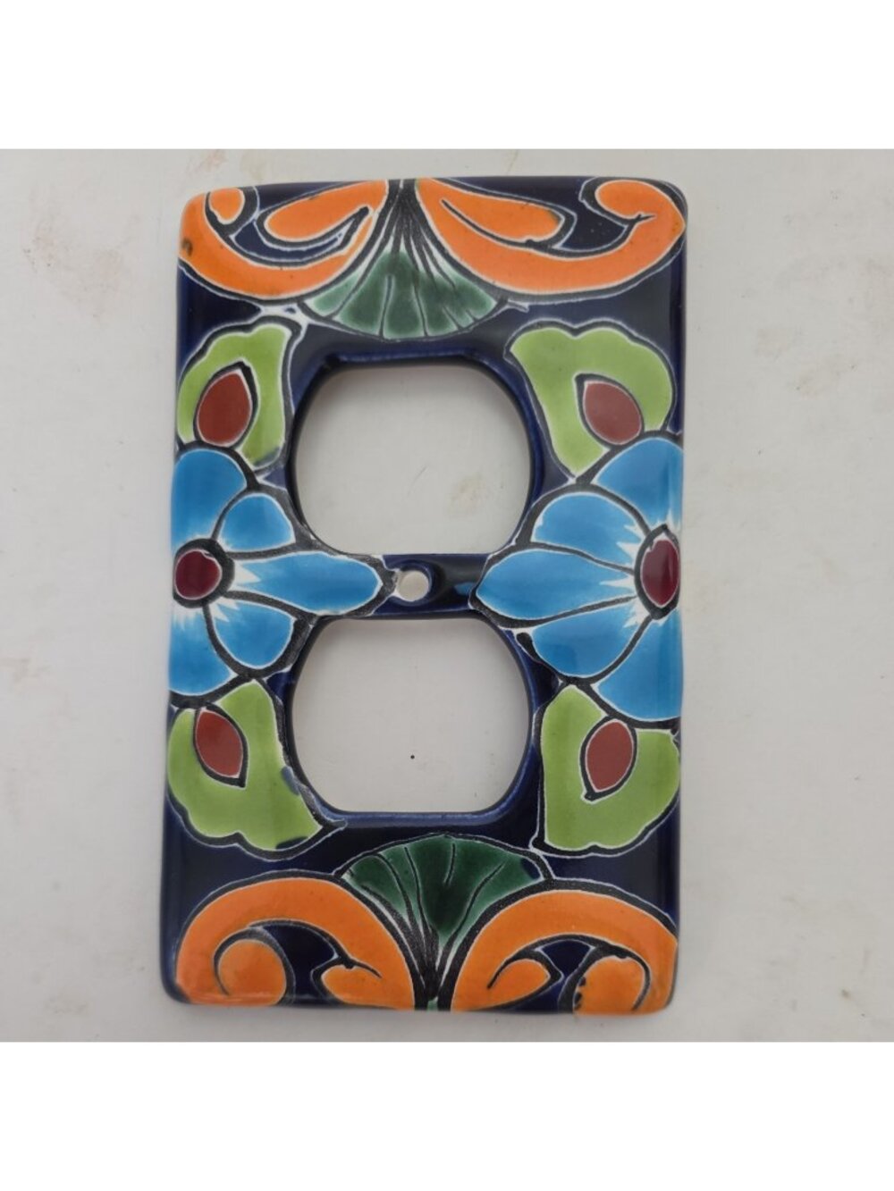 Talavera Mexico Dual Outlet Plate Cover Hand Painted Floral Ceramic Blue Orange